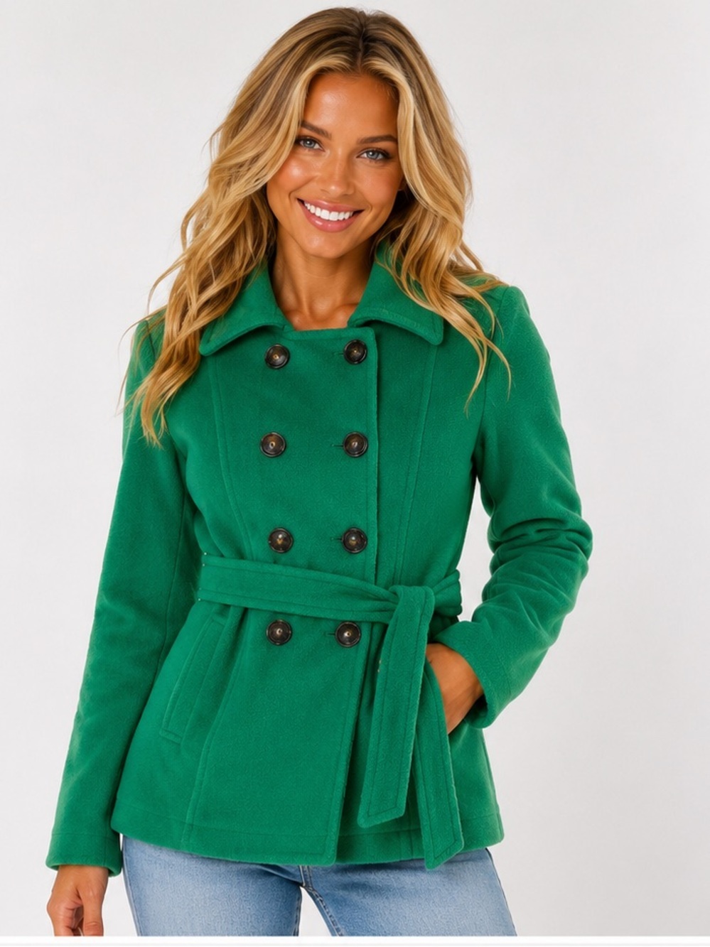 Old Navy Emerald Green Fleece Peacoat Belted Double Breasted Kelly Green Preppy